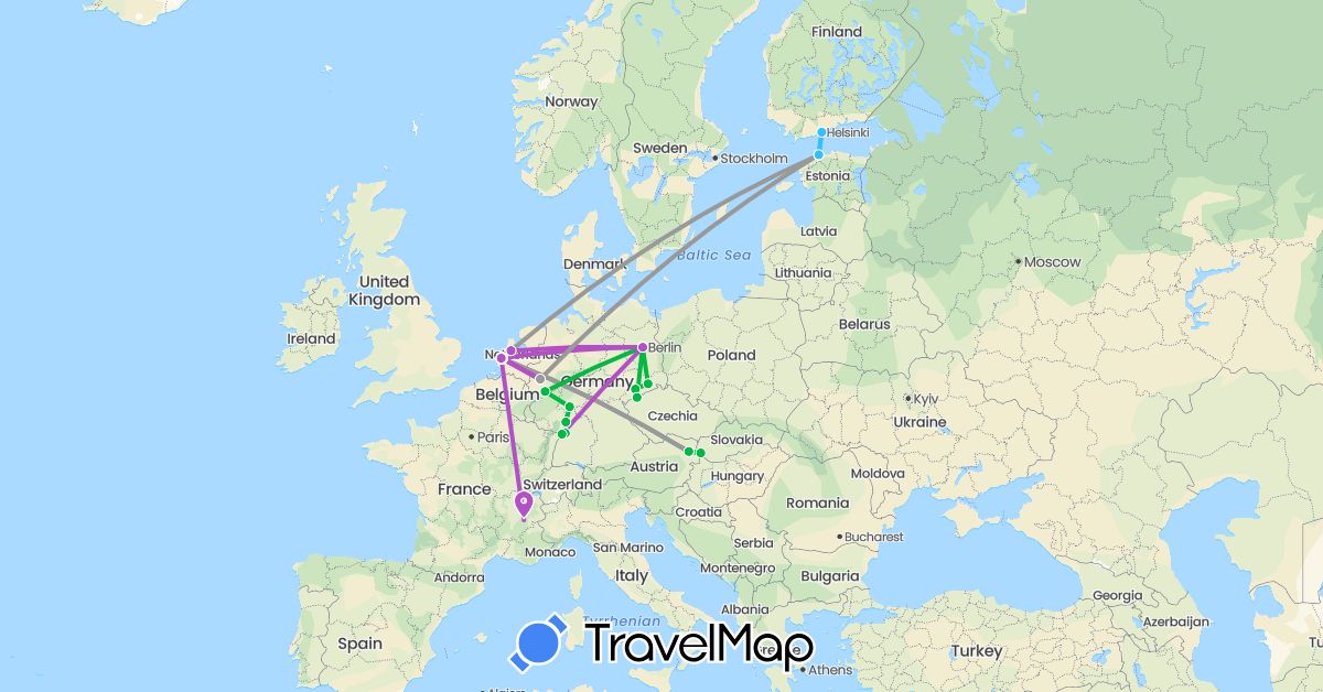 TravelMap itinerary: driving, bus, plane, train, boat in Austria, Czech Republic, Germany, Estonia, Finland, France, Netherlands, Slovakia (Europe)